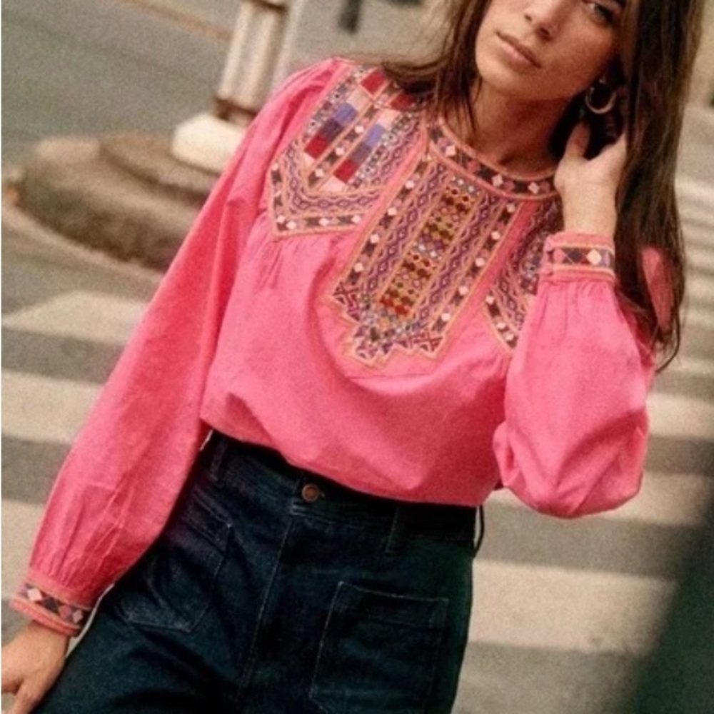 Sezane Pink Embroidered Blouse